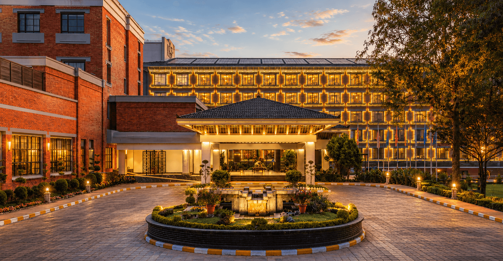 The Soaltee Kathmandu porte-cochère at dusk